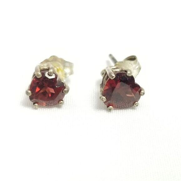 Vintage Red Rhinestone Heart Shape Stud Earrings, Silver Tone Prong Setting - Picture 6 of 6